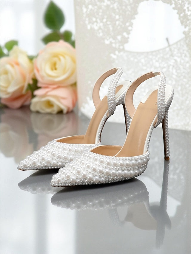 - Heels Women's Slingback Pearl-Embellished Leather White
