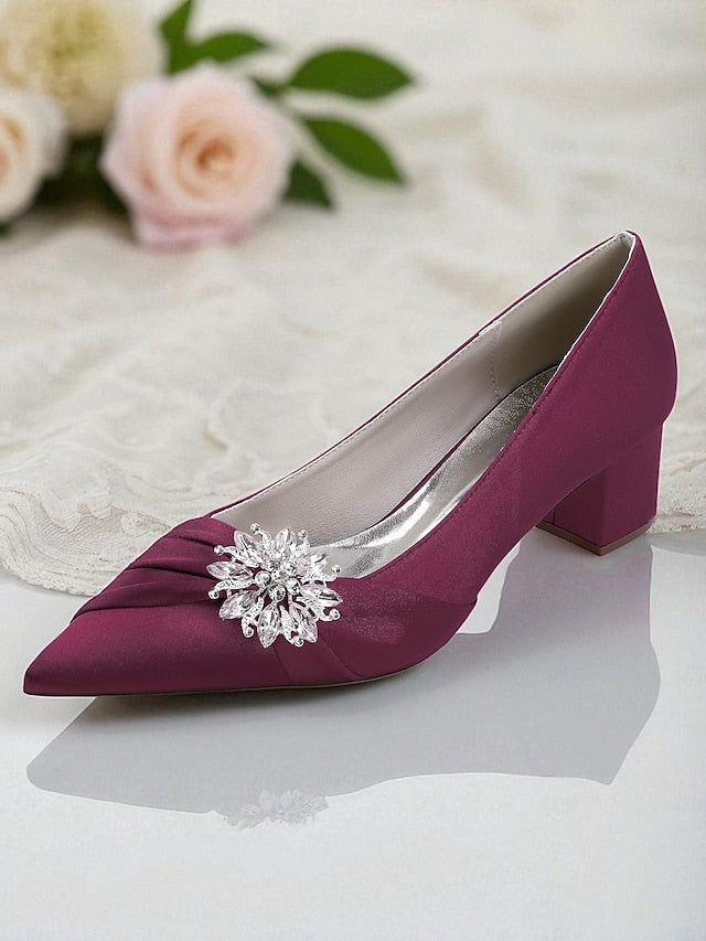 Women's Crystal Heel Pumps Block Low with White