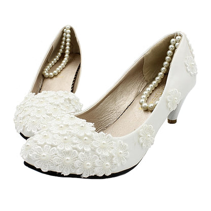 Lace Decorated Heels Women's Wedding – White Floral Pearl