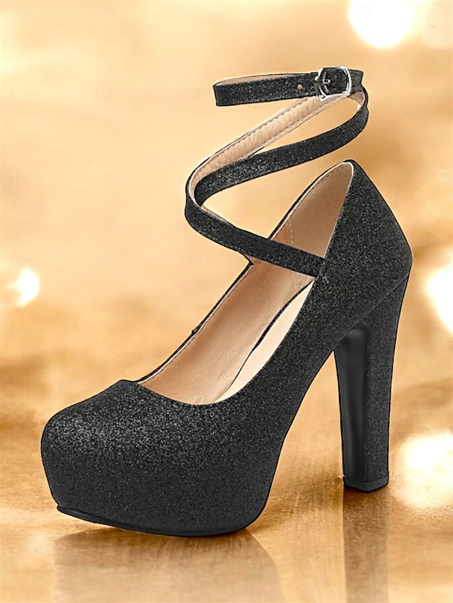 – Heels Platform with Strap Glitter Ankle Pink Women's