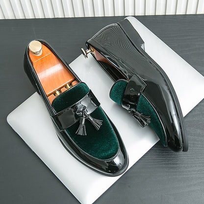 Velvet Men's Leather Patent Faux – Loafers Tassel Black