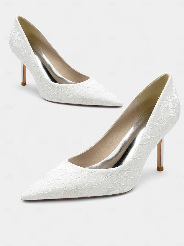 Heels Pointed-Toe - Women's Lace-Embroidered Stiletto