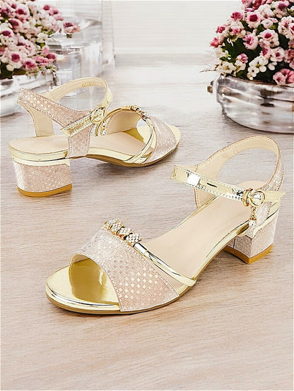 Women Rhinestone-Embellished Block Sandals – for Gold Heel