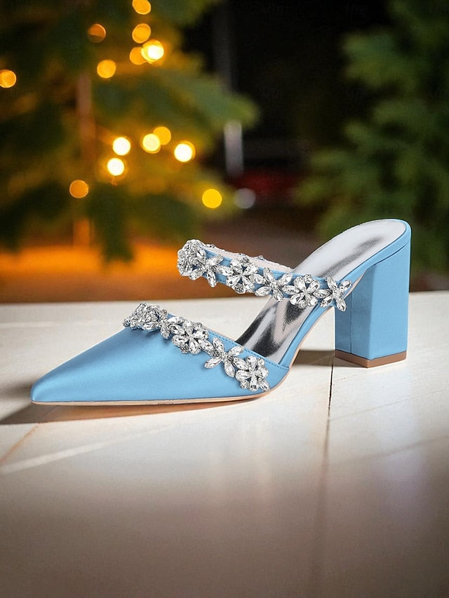 Women's Floral Satin Black Rhinestone Heel Mules Block with