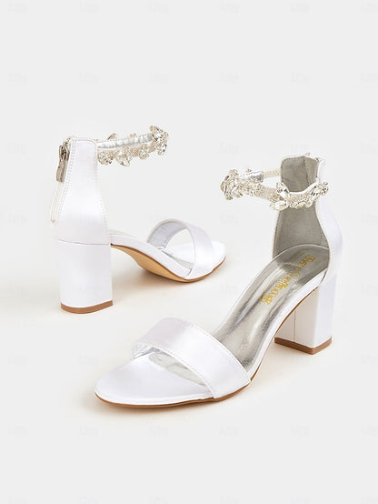 Sandals Satin Bridal Ankle Heel with Floral Block White Strap