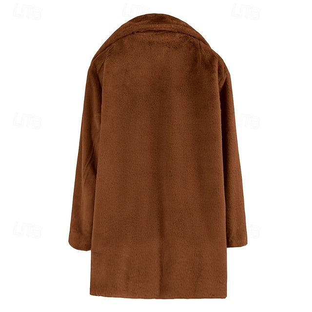 Coat Faux Casual Fur Warm Pocket Comfortable Women's