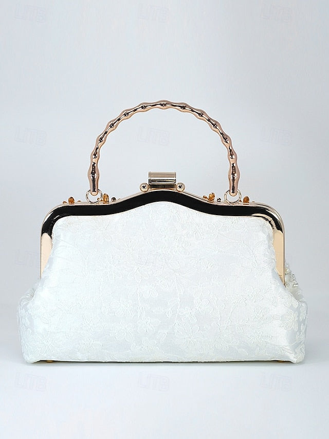 Evening White and Elegant Floral with Pearl Handbag Lace