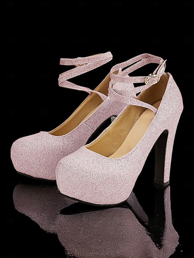 – Heels Platform with Strap Glitter Ankle Pink Women's