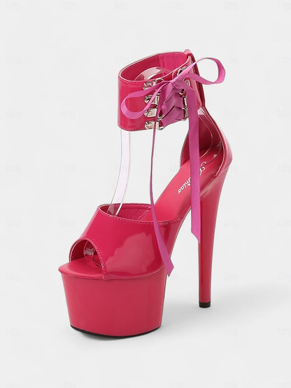 Black with Platform Lace-Up Patent Ankle Straps Sandals Leather