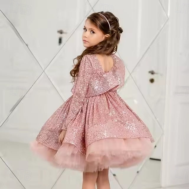Long Sleeve Girls' Party Solid Color Performance Kids Dress