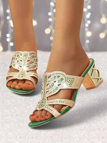Gold Sandals Green Rhinestone Heeled Embellished - and