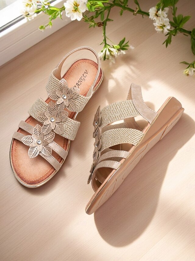 Elegant Rhinestone Flat Floral – Sandals Women's Beige