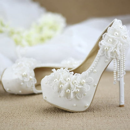 Heels Lace Wedding Platform with Floral Women's White