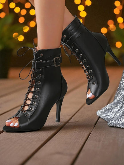 High Black Heel Stiletto Booties Toe Lace-Up Women's Peep -
