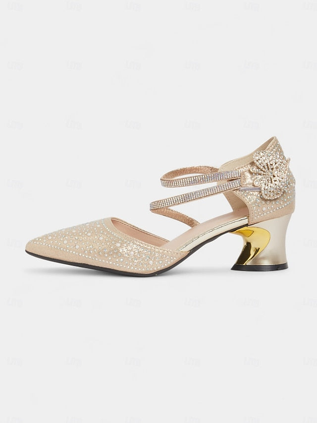 Rhinestone Heel Glitter Ankle Low Strap Toe Pointed Women's
