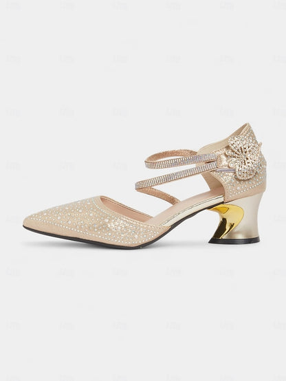 Rhinestone Heel Glitter Ankle Low Strap Toe Pointed Women's