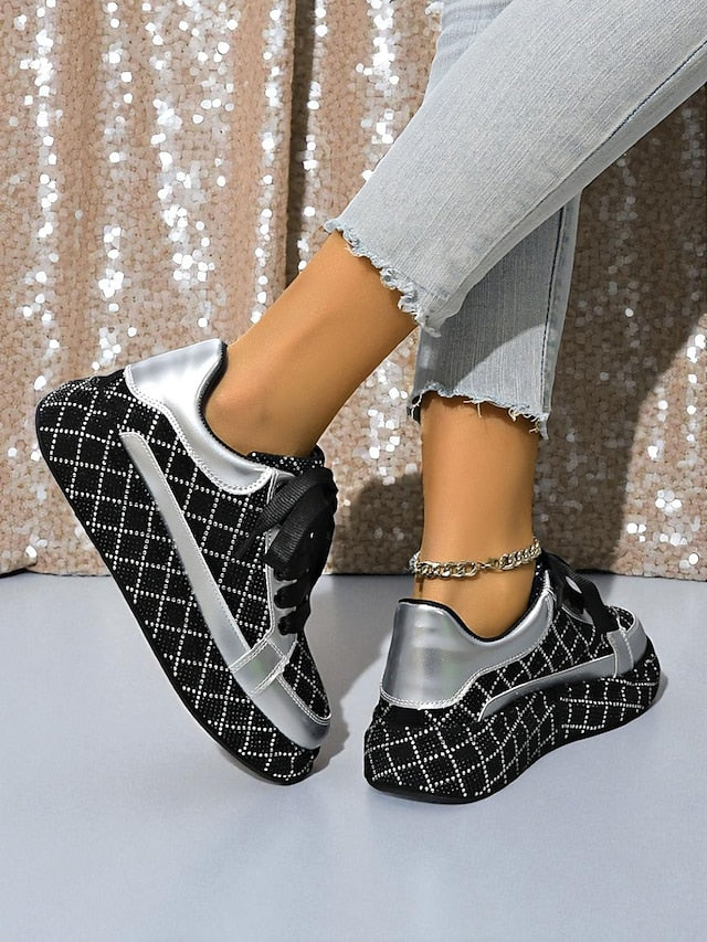 Quilted Women's Sneakers - Black Rhinestone Silver and