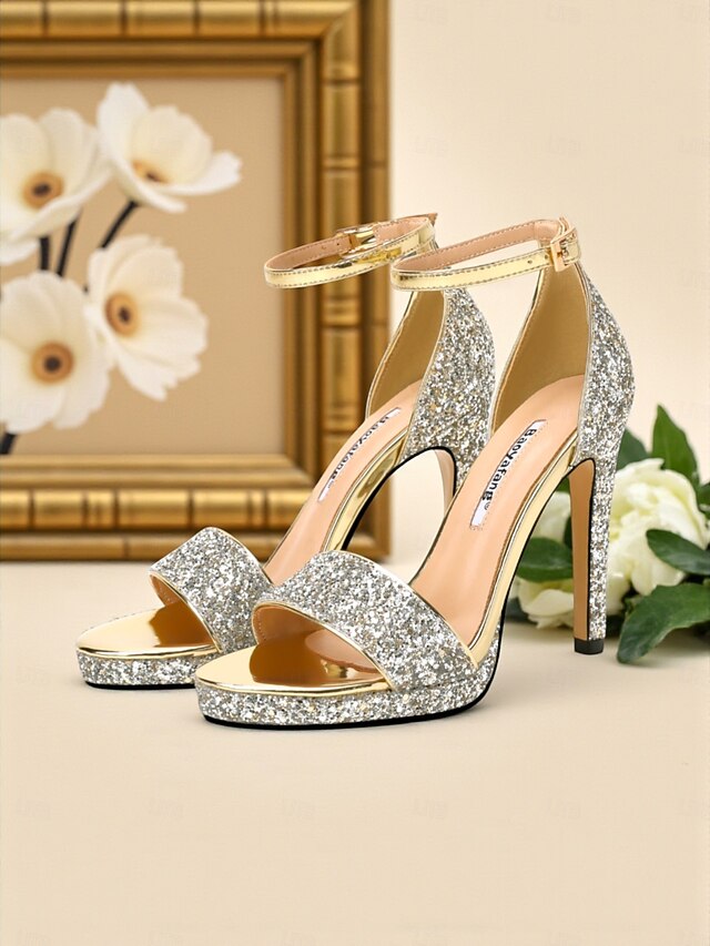 with Women's Strap Glitter Sandals High Silver Heel Ankle