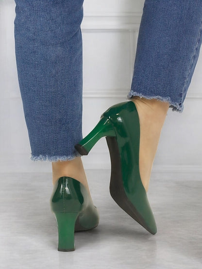 Leather Block Heel Glossy Pointed-Toe Pumps Green Patent Faux