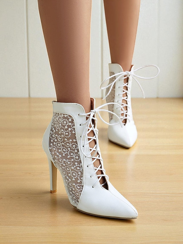Ankle Mesh Heels Lace Booties Women's Stiletto White with