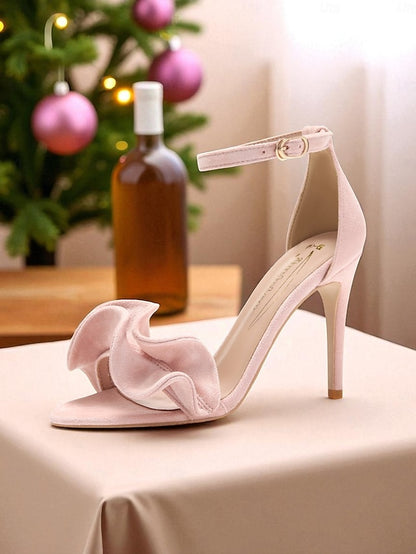 Elegant Velvet Heel Sandals High - Women's Red Strap Ankle
