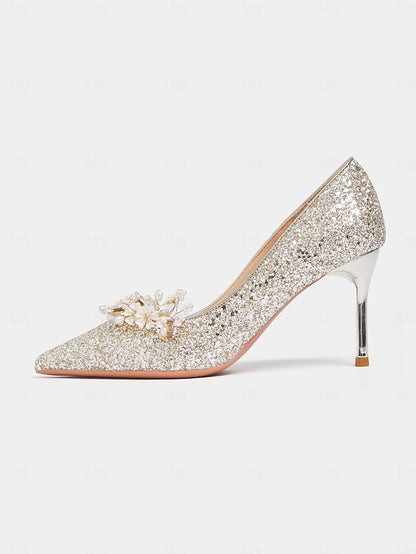 Glitter with Stiletto Silver Floral Heels Women's
