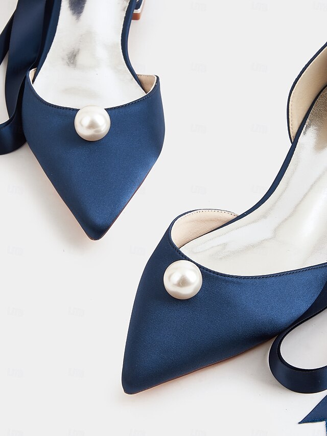 Embellished Satin Pointed Women's Navy - Pearl Flats Toe