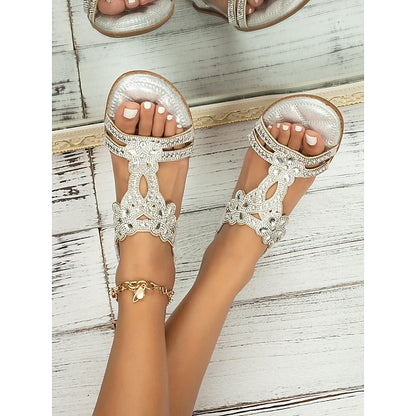 T-Strap Rhinestone Sandals Boho – Flat Women's Silver