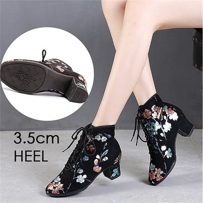 Comfortable Shoes Black – Lace-up Women Low Floral Dance for
