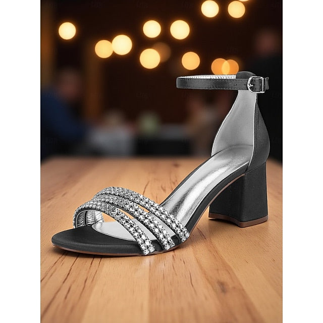 Sandals Rhinestone Women's Satin Purple Heel with Block