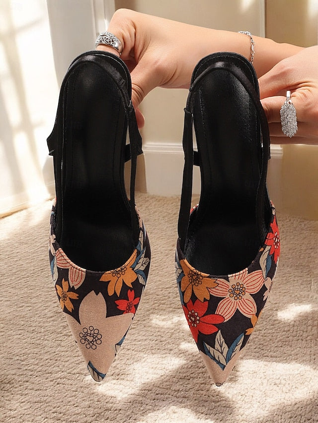 – Floral Pointed Heels Toe Slingback Women's High Elegant