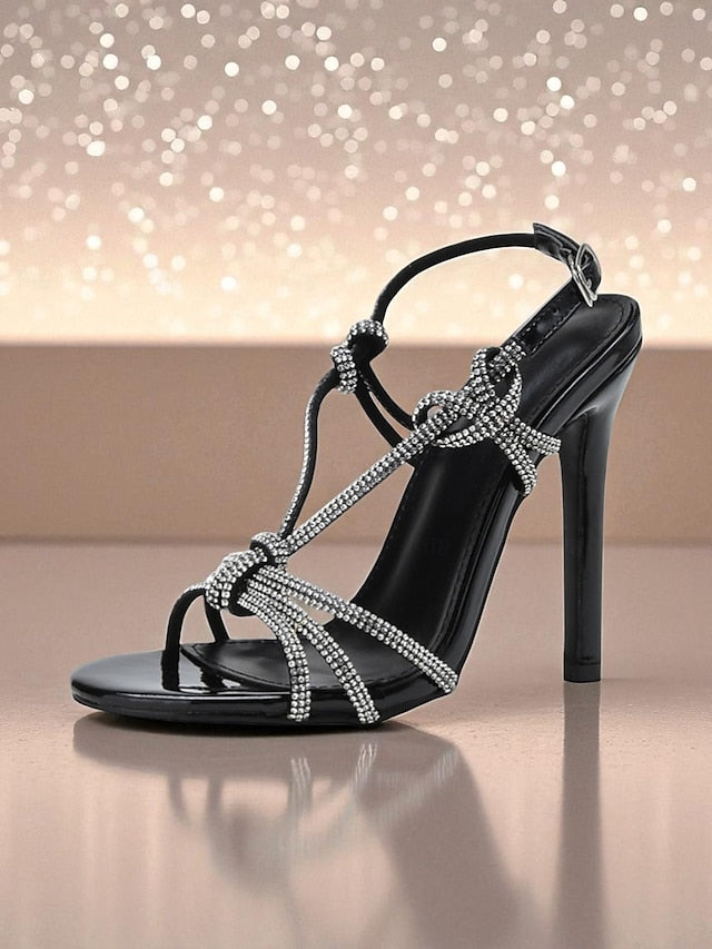 Heels Rhinestone Strappy Square Stiletto Women's with Toe