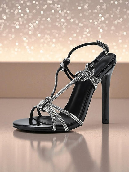 Heels Rhinestone Strappy Square Stiletto Women's with Toe
