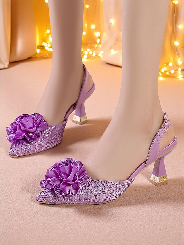 Purple with Slingback Rhinestone Floral Heels Women's