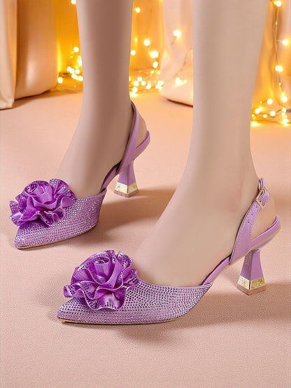 Purple with Slingback Rhinestone Floral Heels Women's
