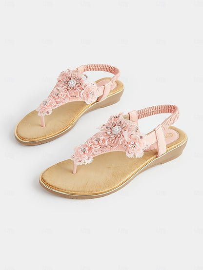 T-Strap Lace Pink Women's Sandals Floral Embellished –