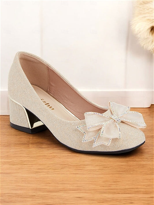Gold with Block Women's Heel - Decoration Pumps Bow Glitter