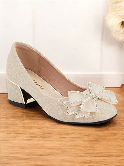 Heel Bow - Decoration Pumps with Women's Gold Glitter Block