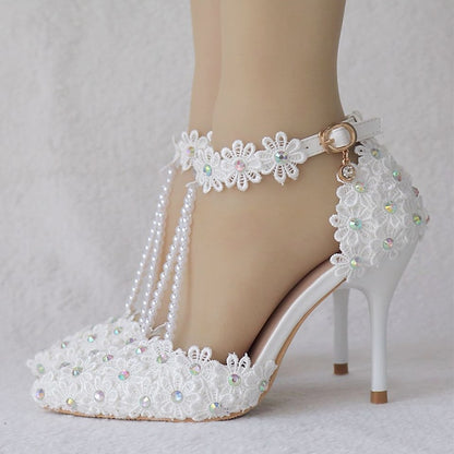Lace Wedding Shoes Heel High Bridal Pointed Women's