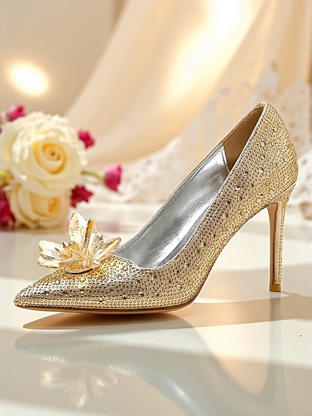 Women's Gold - High Embellished Heel Pumps Sparkly Crystal
