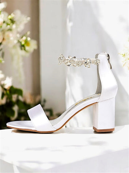 Sandals Satin Bridal Ankle Heel with Floral Block White Strap