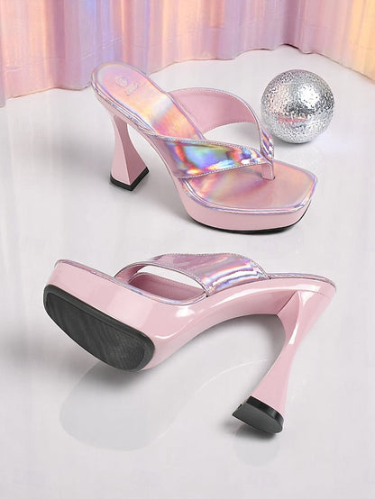 Pink Chunky Open-Toe Block Heels Women's Iridescent with