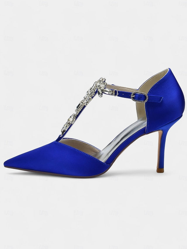 Blue Navy Toe Satin Heels Pointed – Women's T-Strap