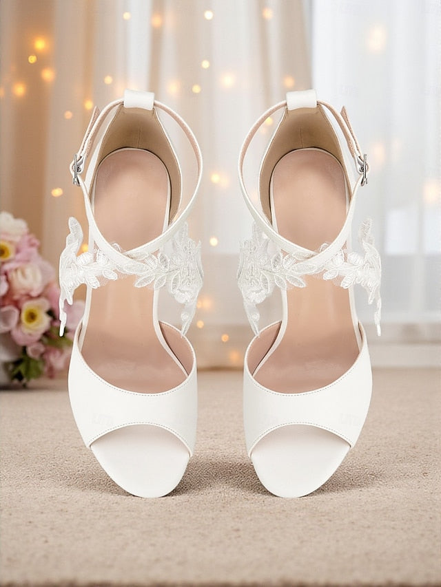 Women's Ankle - Block Lace Strap Heel with White Sandals