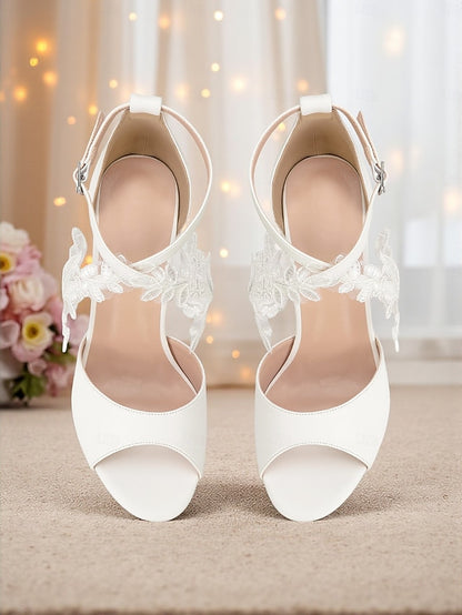 Women's Ankle - Block Lace Strap Heel with White Sandals