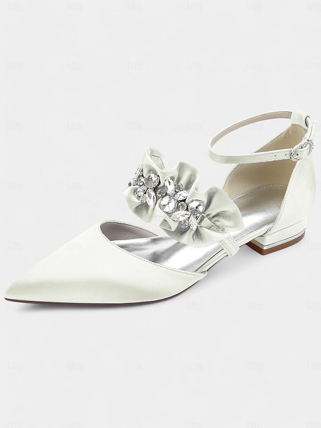 with Pointed-Toe Black Satin Women's Rhinestone Flats