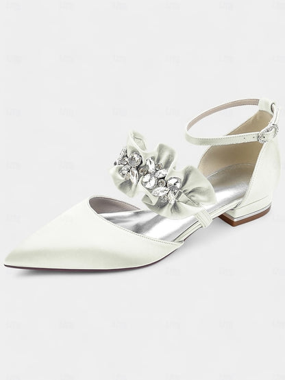 with Pointed-Toe Black Satin Women's Rhinestone Flats