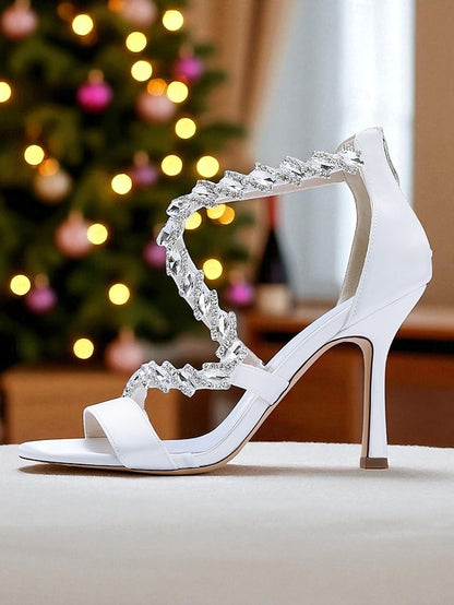 Strappy High White - Heel Rhinestone Women's Sandals