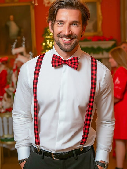 Christmas Men's Bow Plaid Tie Adjustable Set and Suspender