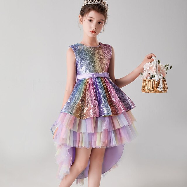 Dress Wedding colour Girls' Party Sequin Sleeveless Kids